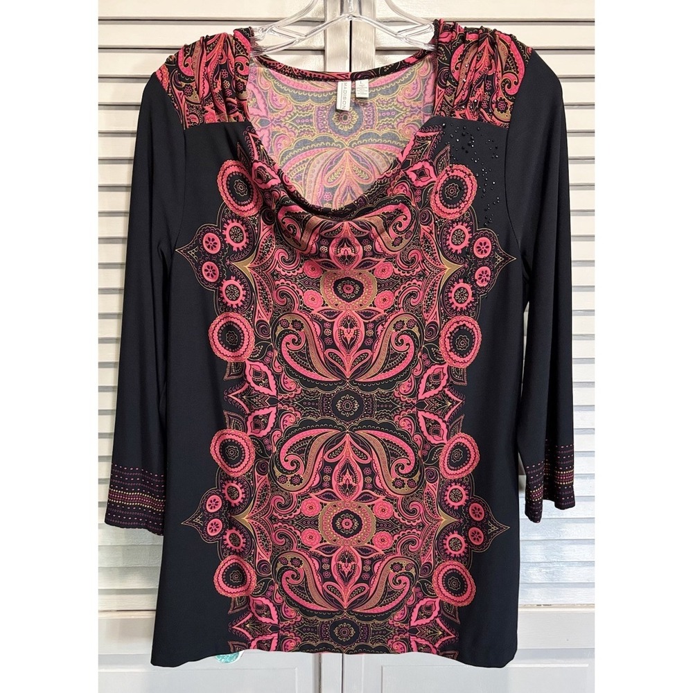 Madison Paisley Blouse‎ Size L 3/4 Sleeve Cowl Neck Blk/Pink Gems Boho